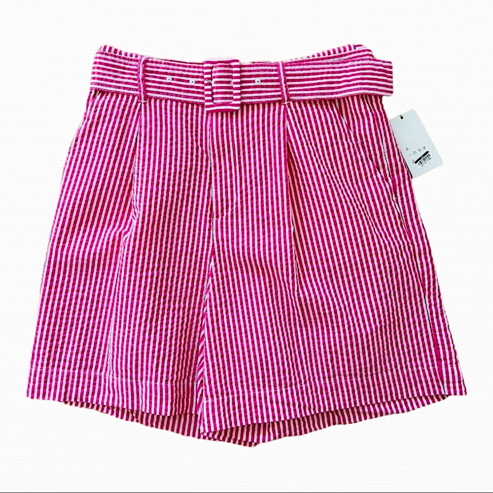 PINK WHITE STRIPED BELTED HIGH RISE SHORTS W/ POCKETS - Picture 11 of 11